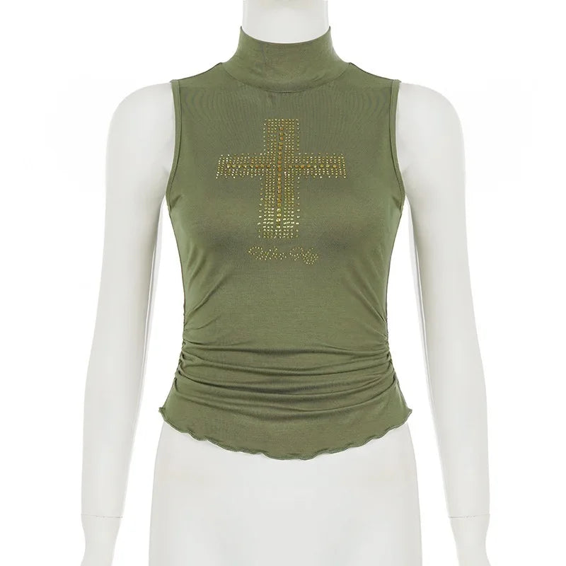 Y2K Green Turtleneck Rhinestone Cross Sleeveless Top
