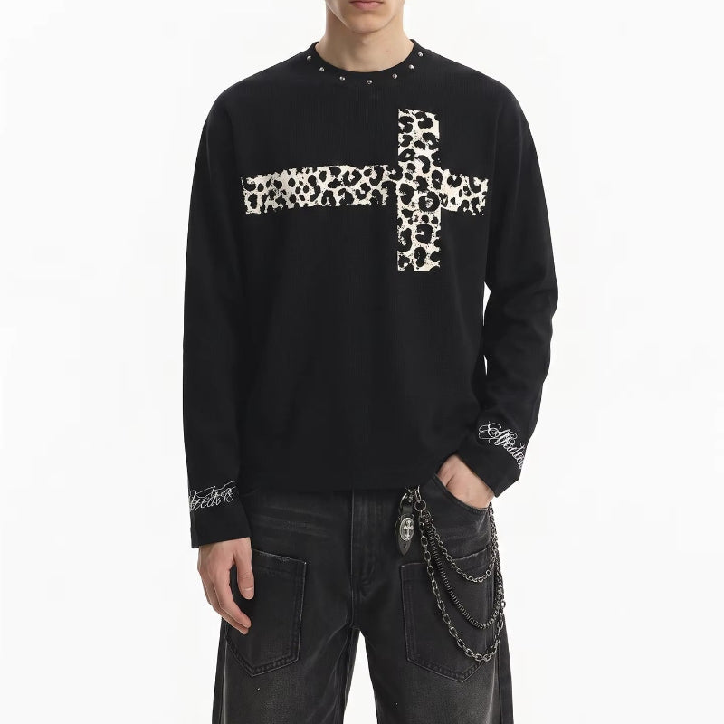 Y2K Grey Scale Leopard Print Cross Long Sleeve Top