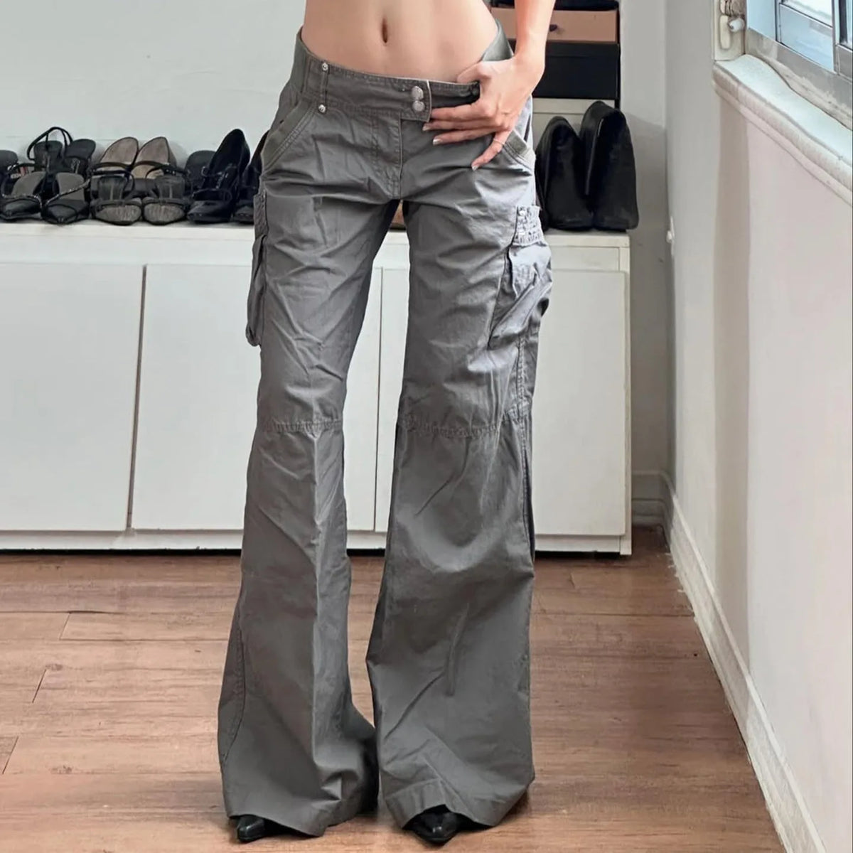 Y2K Grey Workwear Straight Leg Low Waist Cargo Trousers