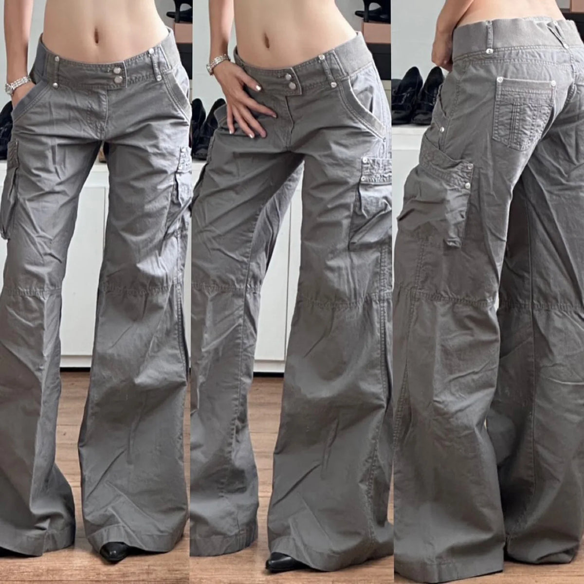 Y2K Grey Workwear Straight Leg Low Waist Cargo Trousers