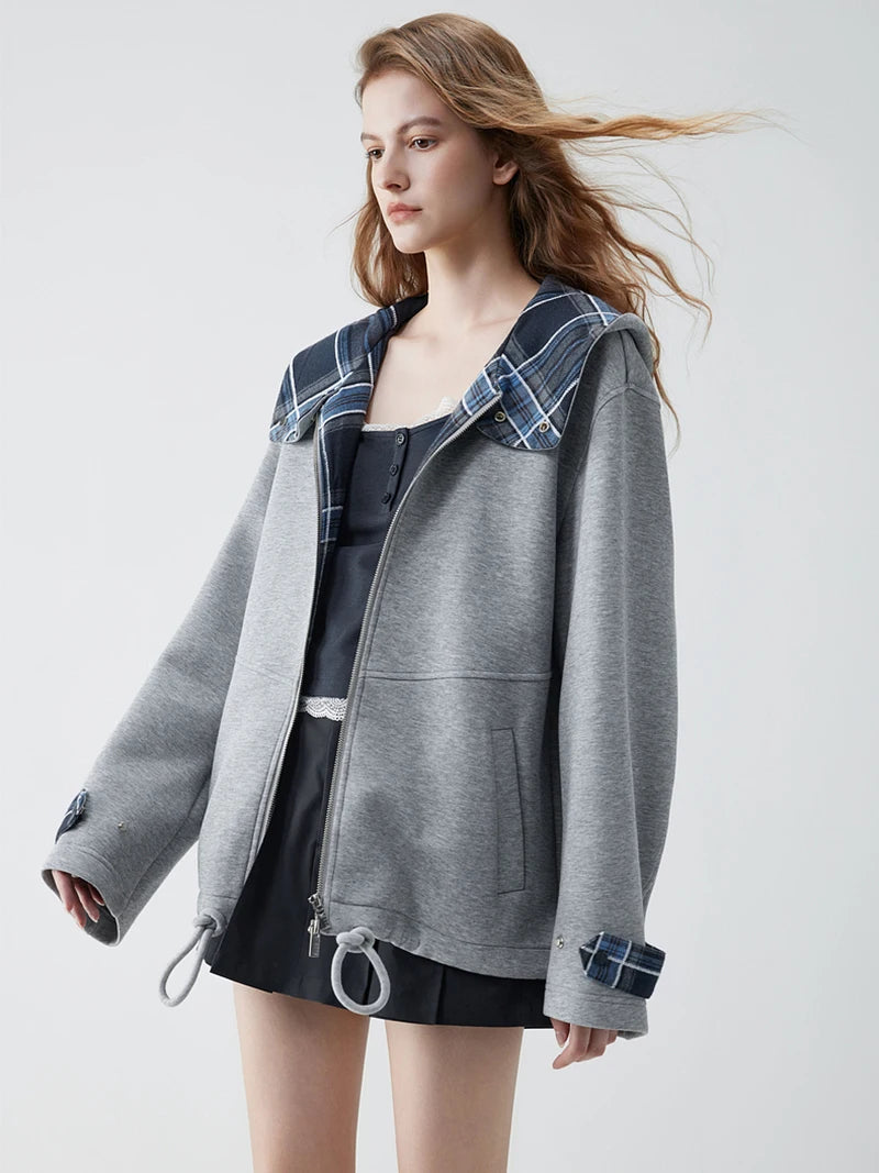 Y2K Grey Zip Up Plaid Accent Hoodie