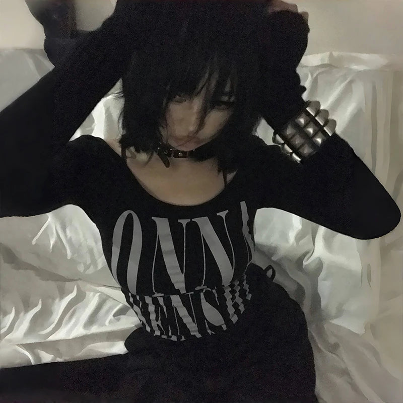 Y2K Grunge Letter Print Trashy Crop Off Shoulder Long Sleeve Top