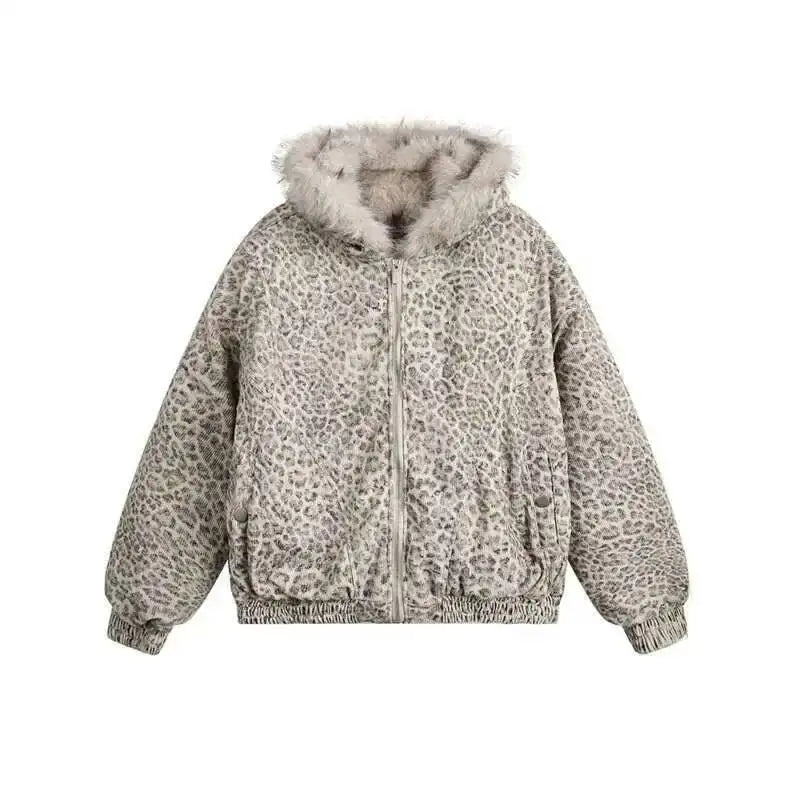Y2K Grunge Snow Leopard Print Faux Fur Zip Up Hooded Jacket