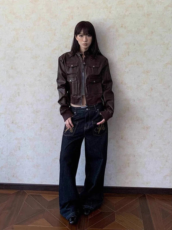 Y2K Grunge Wings Embroidered Graphic Baggy Low Rise Jeans