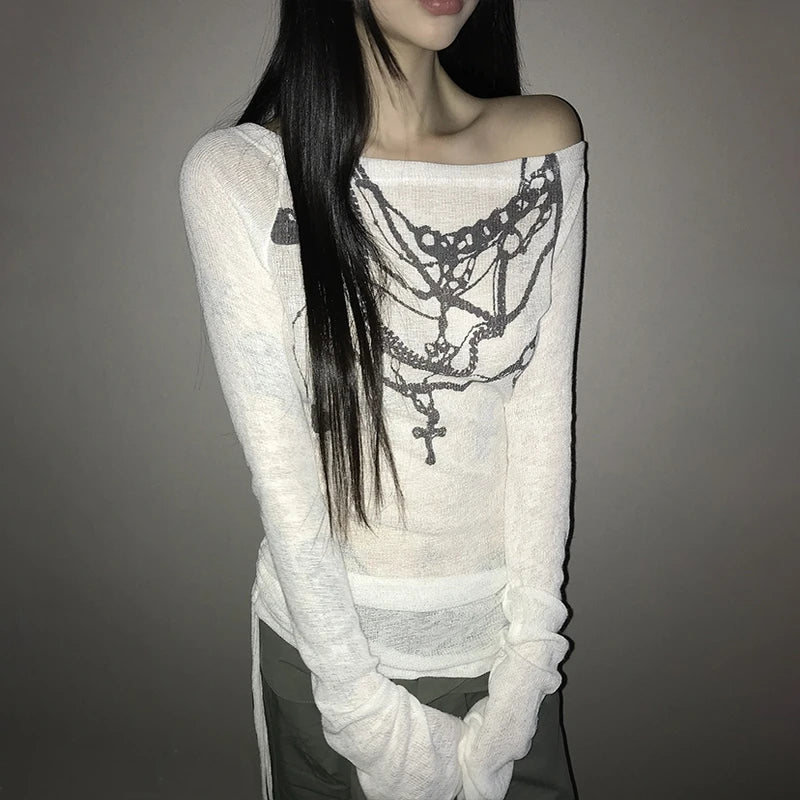 Y2K Hanging Chains Airy Long Sleeve Graphic Off Shoulder Top