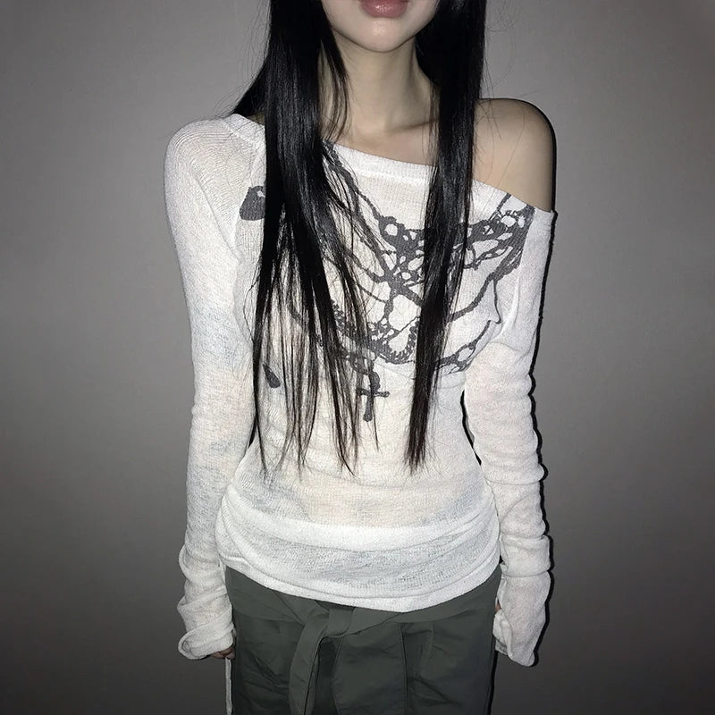 Y2K Hanging Chains Airy Long Sleeve Graphic Off Shoulder Top