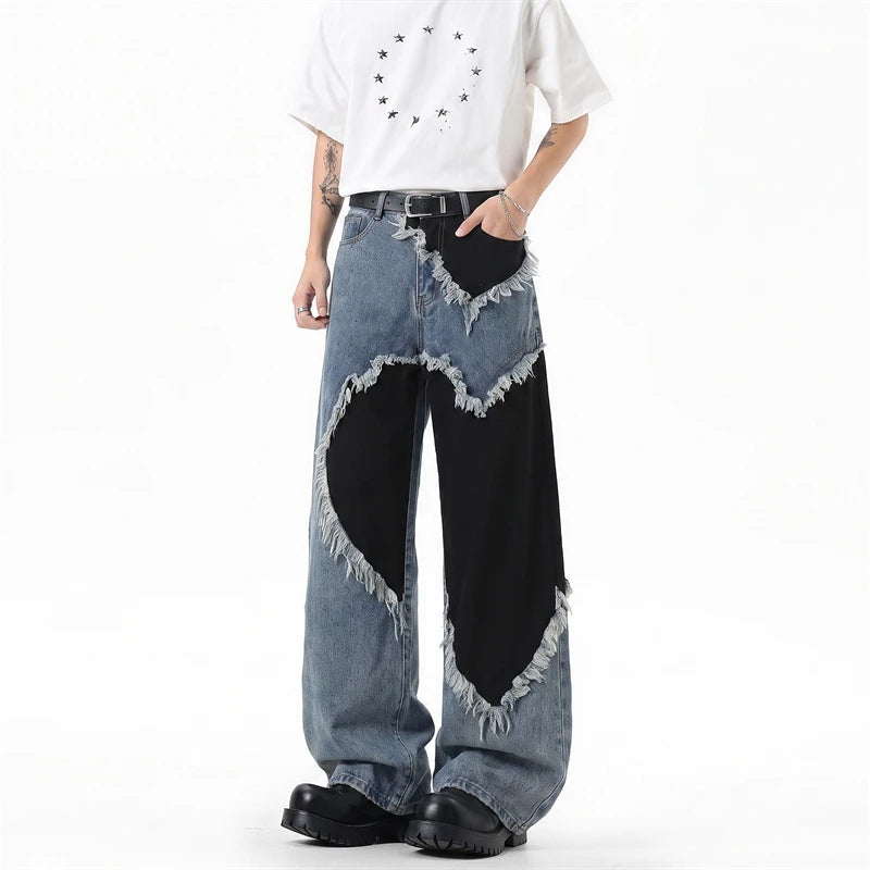 Y2K Heart Patchwork Washed Raw Edge Wide Leg Denim Jeans