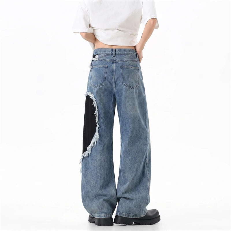 Y2K Heart Patchwork Washed Raw Edge Wide Leg Denim Jeans