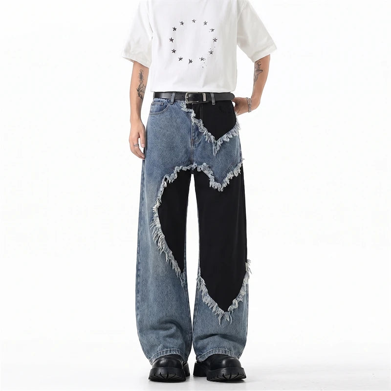 Y2K Heart Patchwork Washed Raw Edge Wide Leg Denim Jeans
