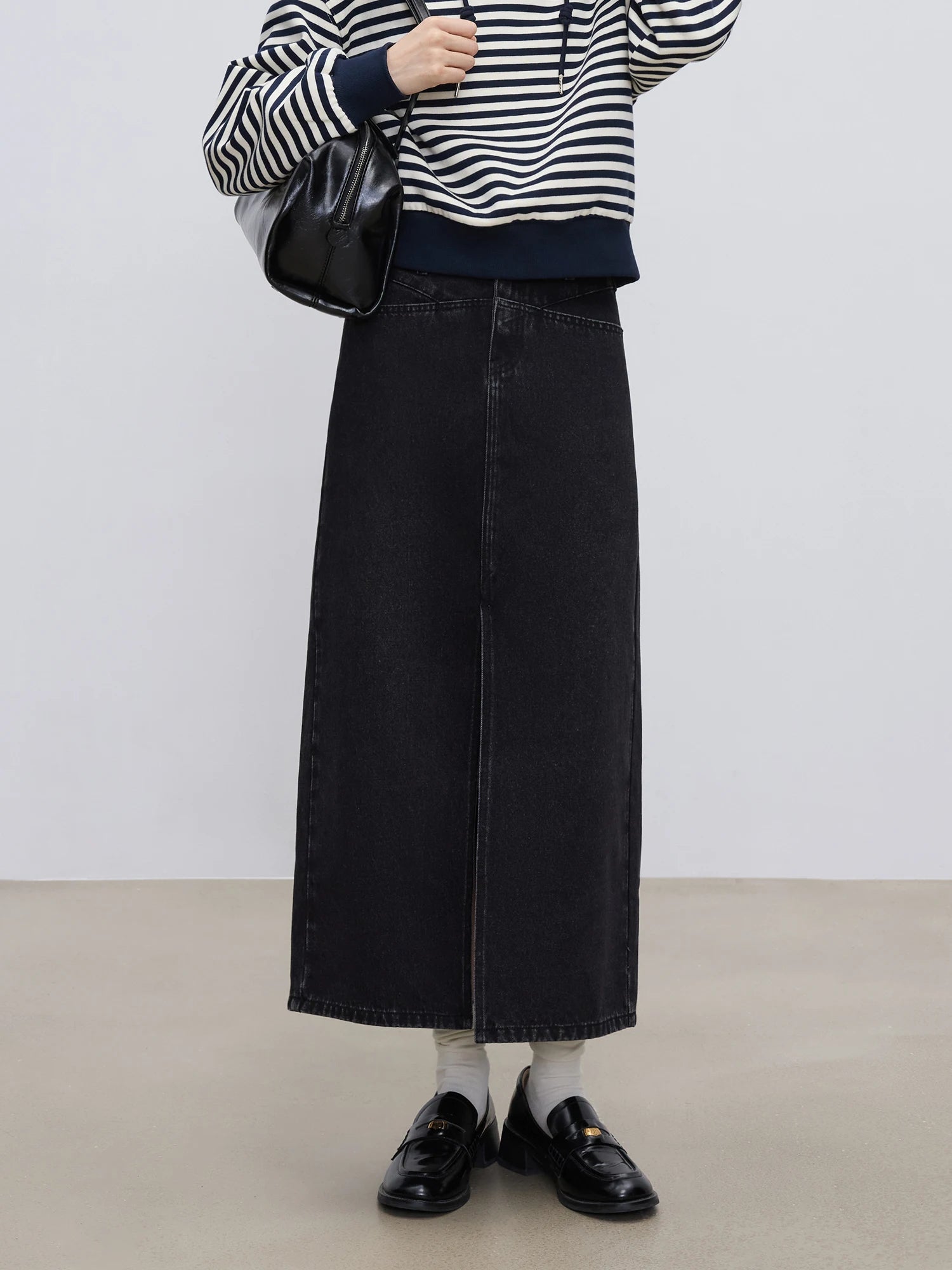 Y2K High Waist Black Denim A-line Split Maxi Skirt