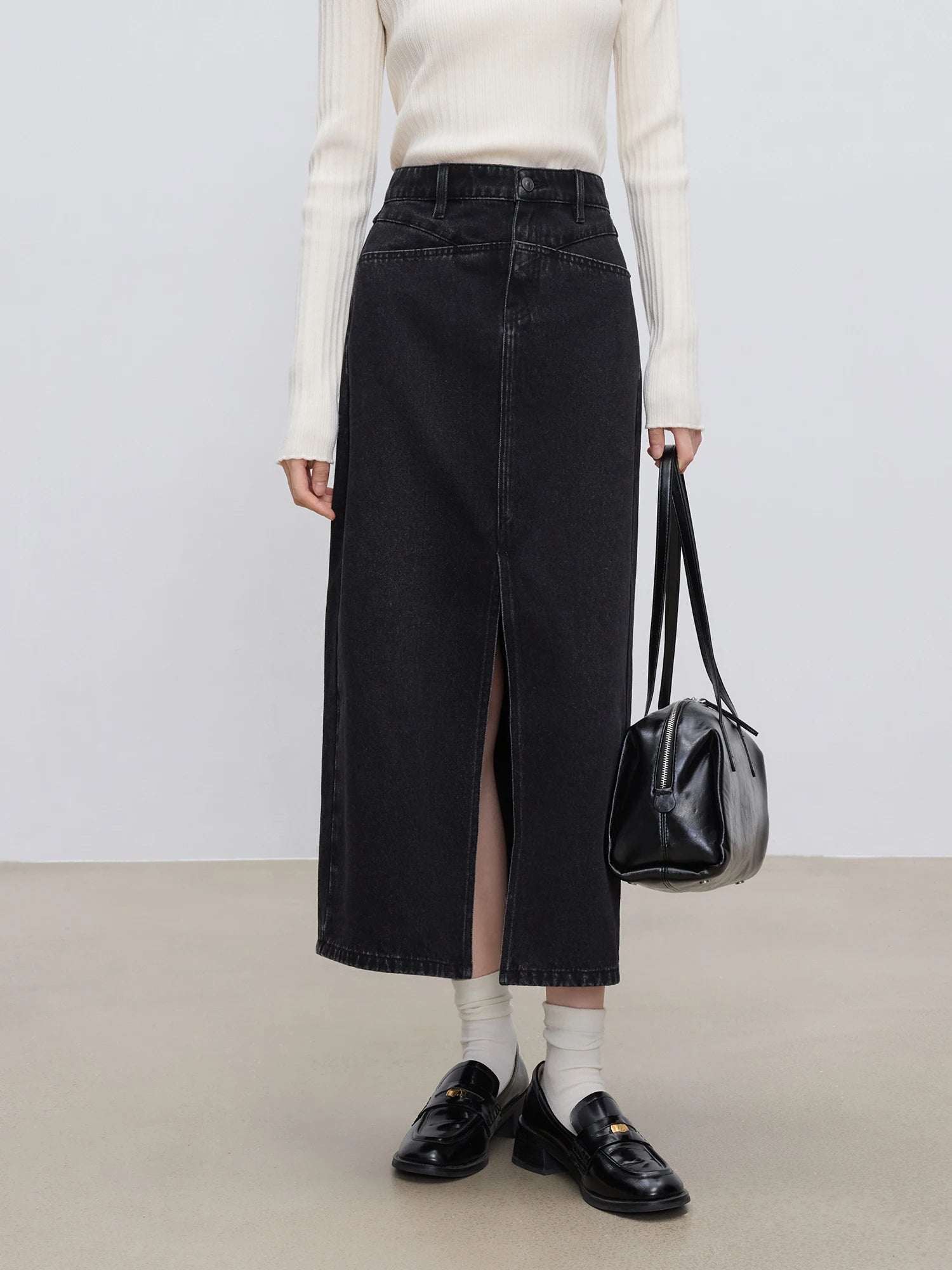 Y2K High Waist Black Denim A-line Split Maxi Skirt