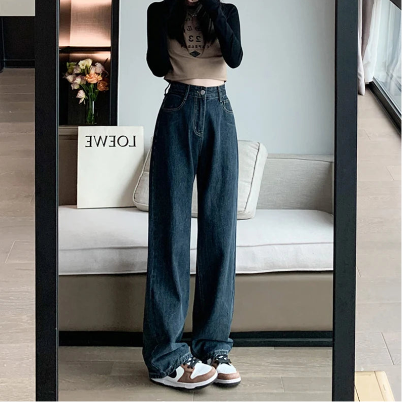 Y2K High Waist Dark Blue Straight Essential Denim Jeans