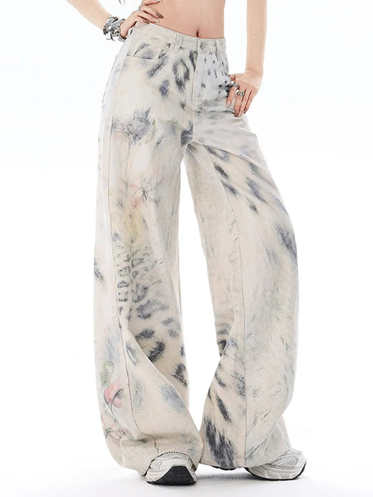 Y2K High Waist Snow Leopard Print Jeans