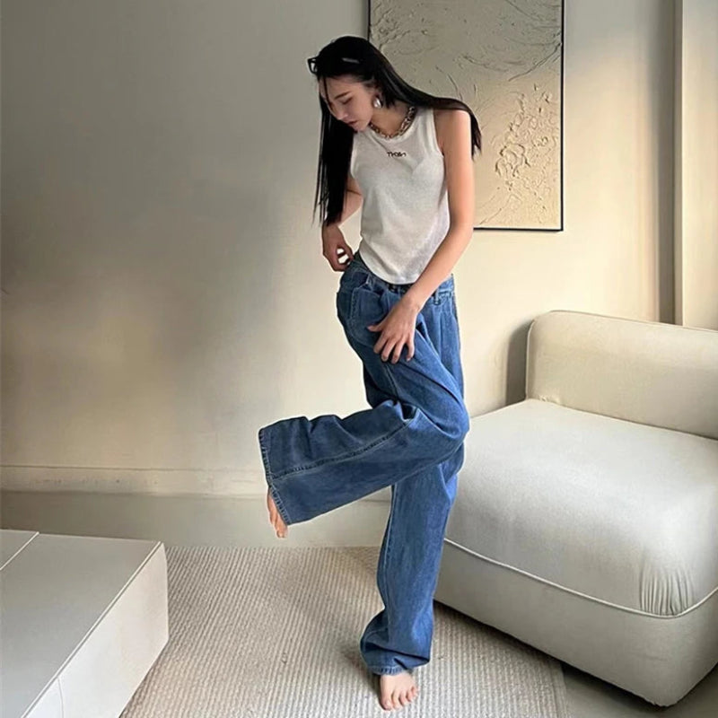 Y2K High Waist Subtle Pleated Denim Jeans