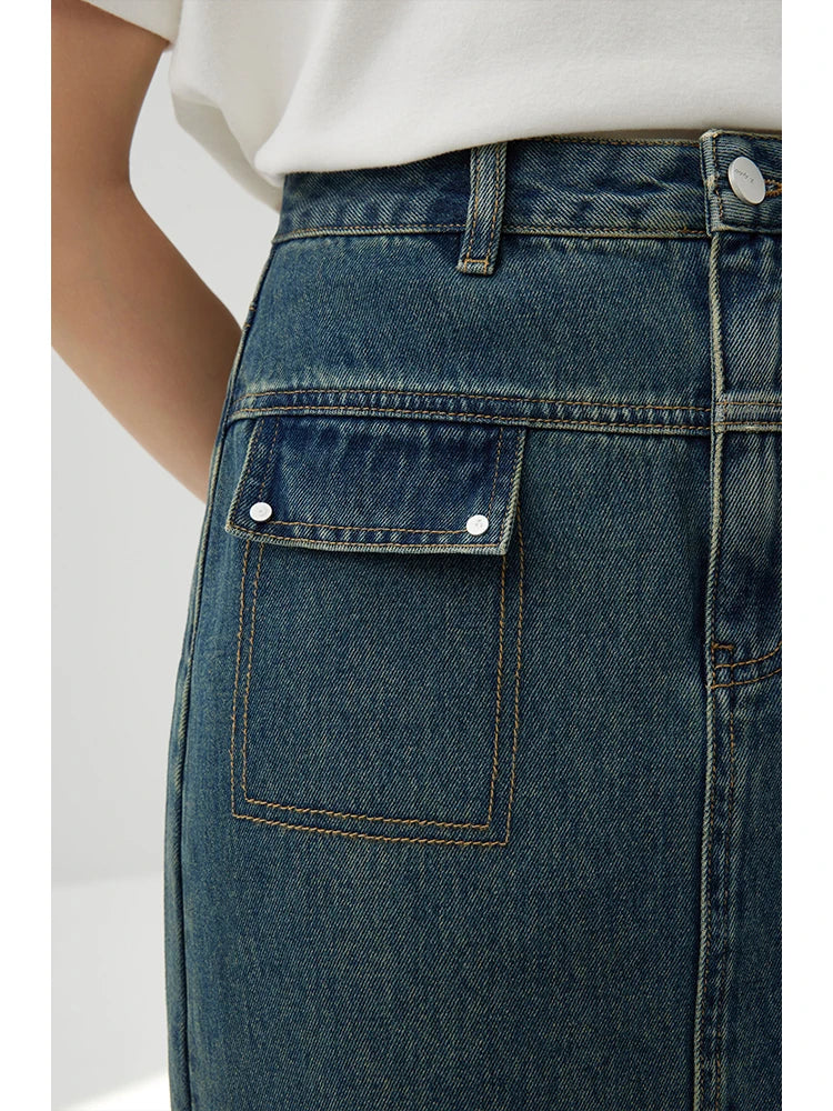 Y2K High Waist Washed Denim Midi Skirt