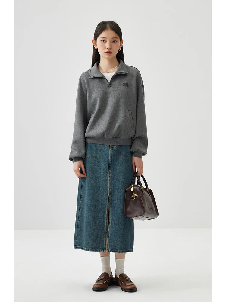 Y2K High Waist Washed Denim Midi Skirt