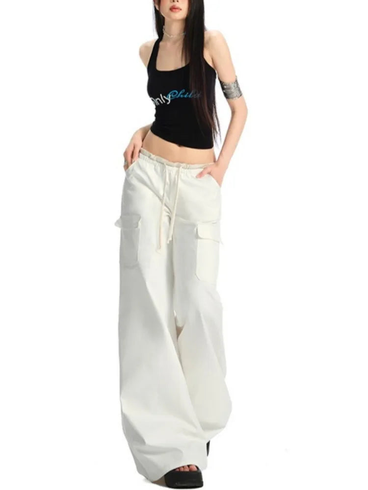 Y2K High Waist Wide Leg Drawstring Cargo Trousers