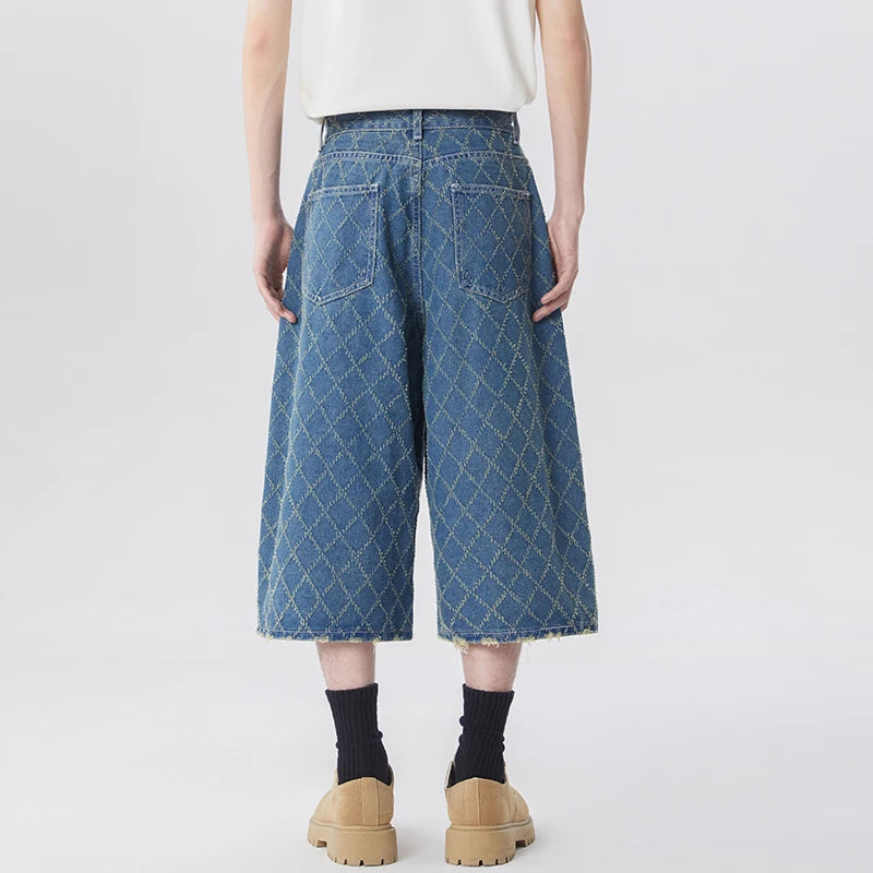 Y2K High Waisted Mens Diamond Pattern Denim Shorts Jorts