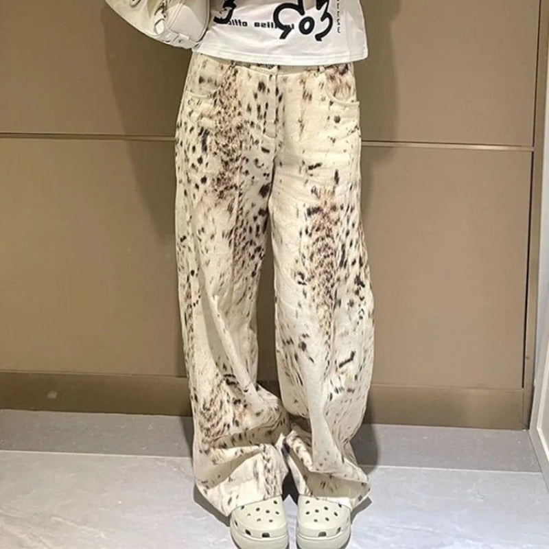 Y2K High Waisted Snow Leopard Denim Jeans