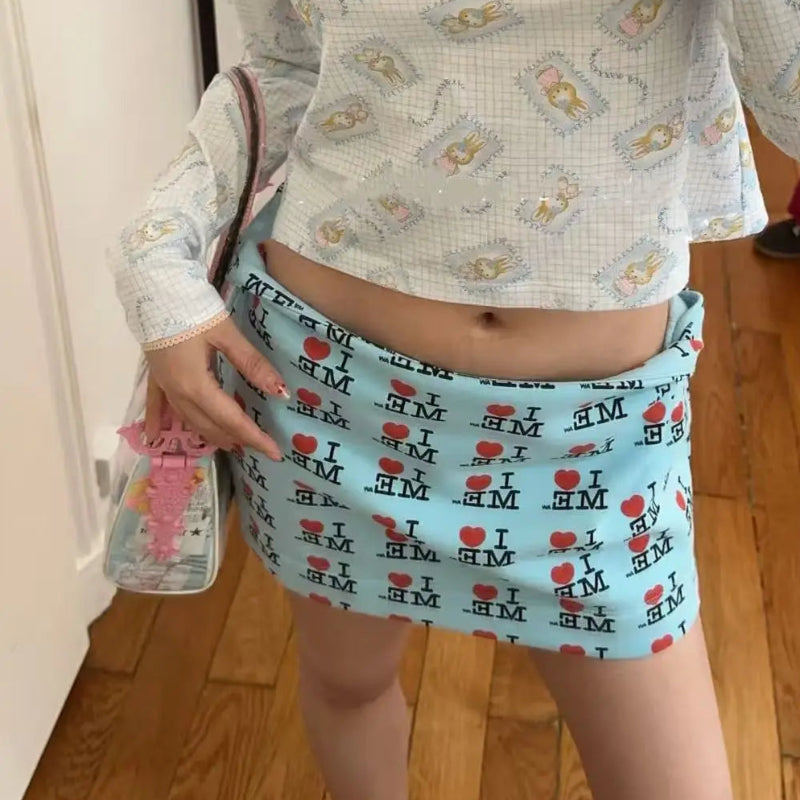 Y2K 'I Love Me' Print Low Waist A Line Mini Skirt