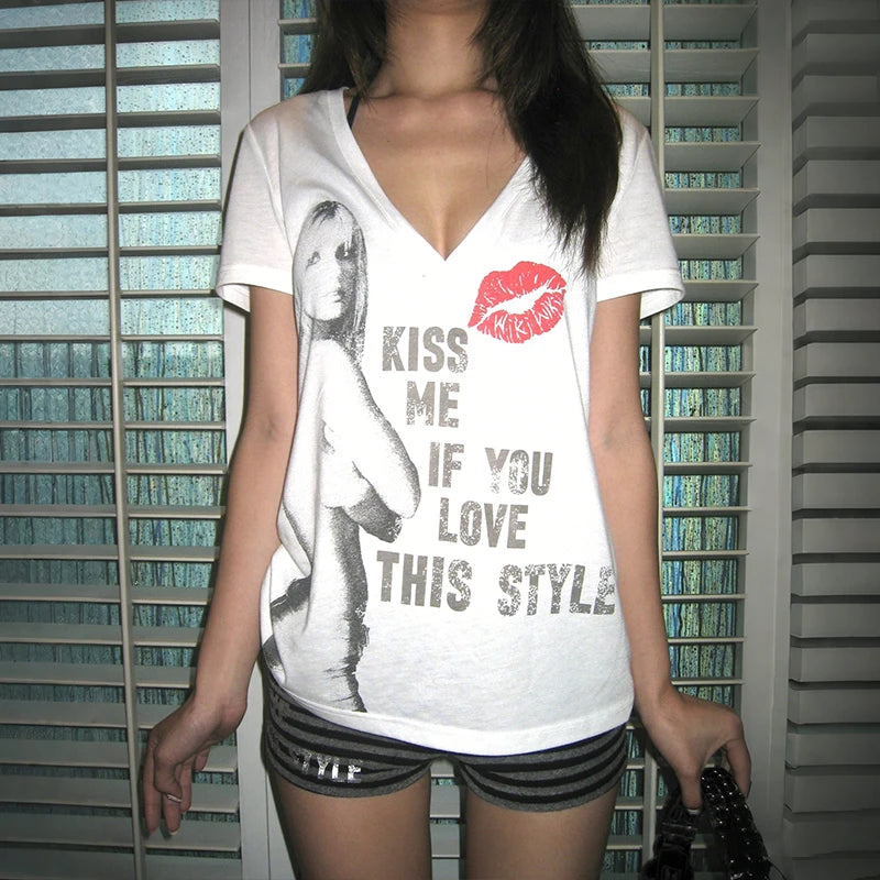 Y2K "Kiss Me" Graphic Off Shoulder Top