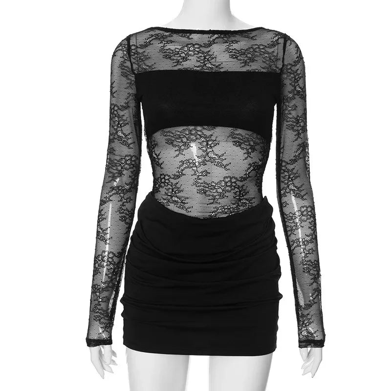 Y2K Lace Sheer High Waist Mini Dress