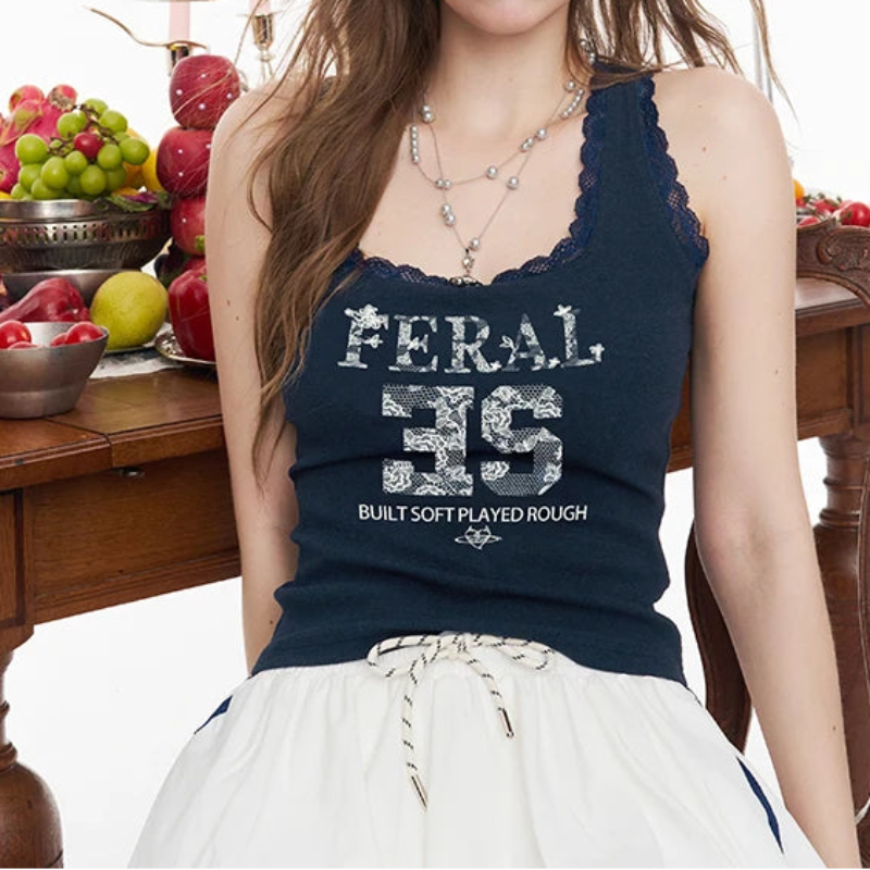Y2K Lace Trim Feral Graphic Cami Tank Top