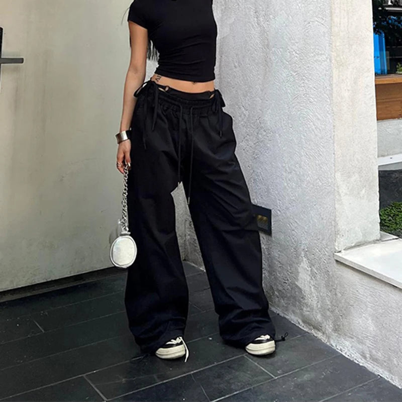 Y2K Lace Up Streetwear Baggy Low Waist Cargo Trousers