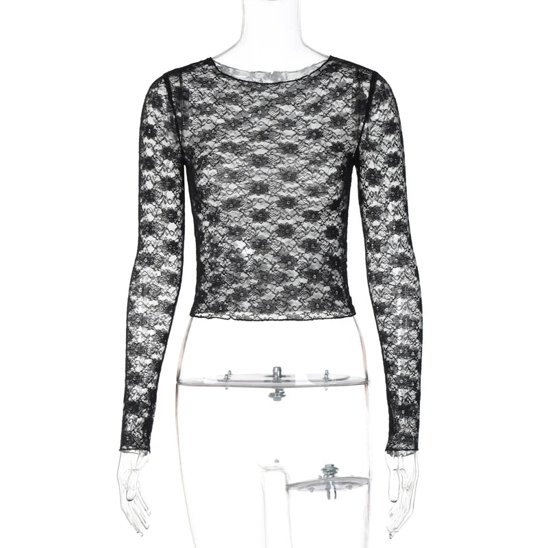 Y2K Lacey Sheer Womens Long Sleeve Top