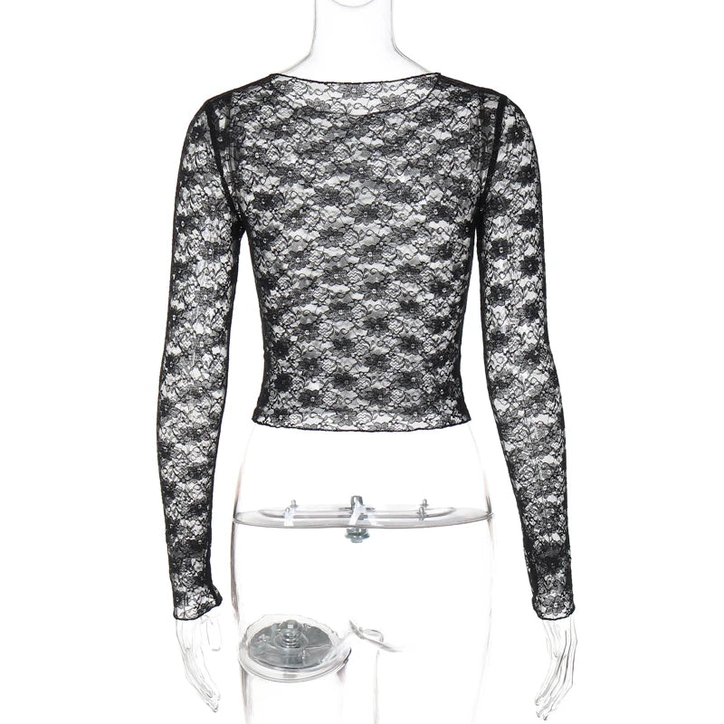 Y2K Lacey Sheer Womens Long Sleeve Top