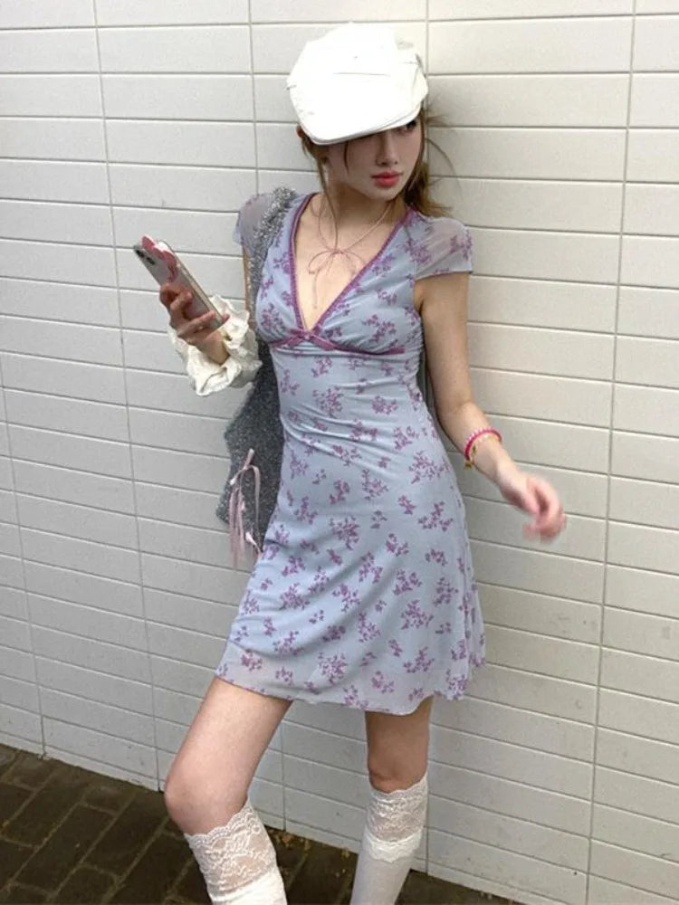 Y2K Lavender V Neck Floral Mini Dress