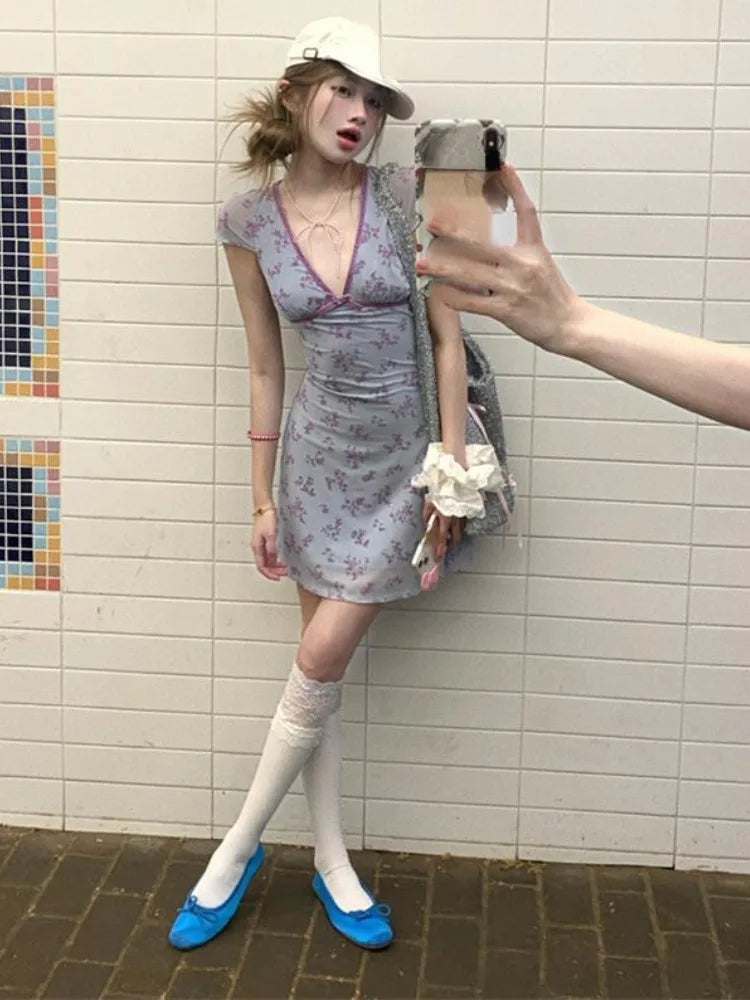 Y2K Lavender V Neck Floral Mini Dress