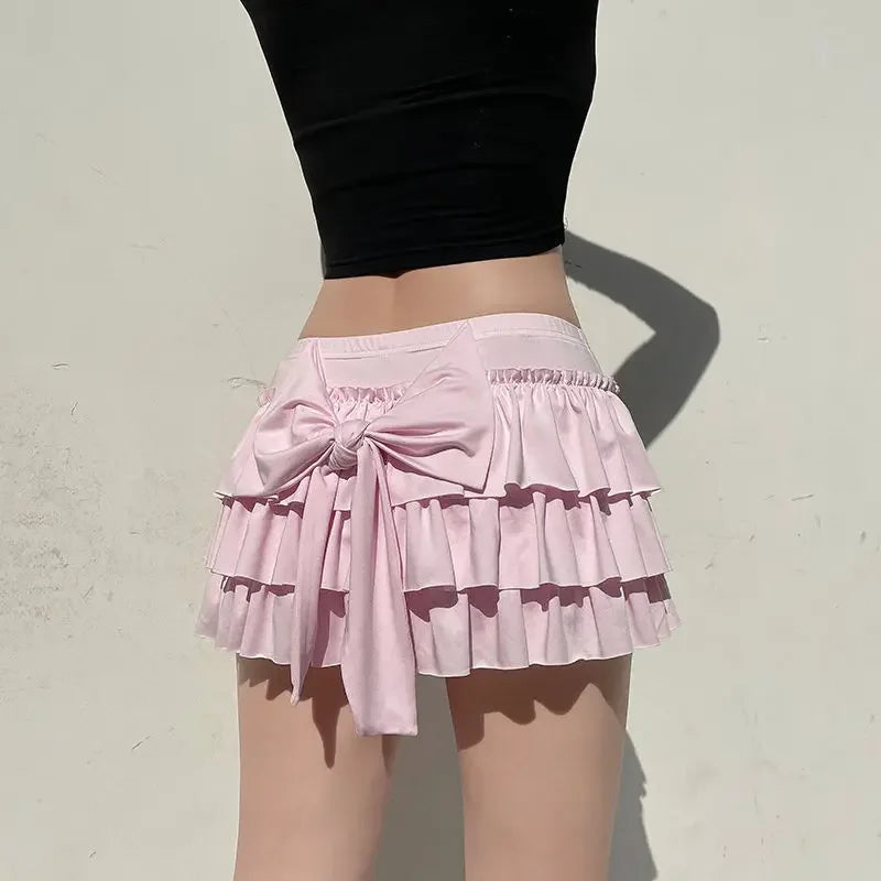 Y2K Layered Ball Gown Style Bow Pleated Mini Skirt
