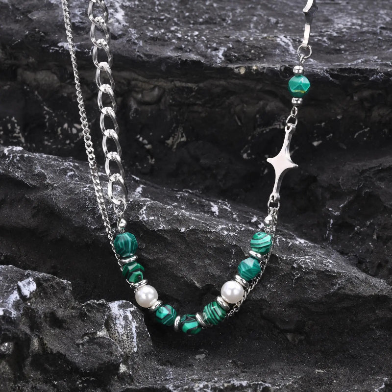 Y2K Layered Green Bead Chain Necklace