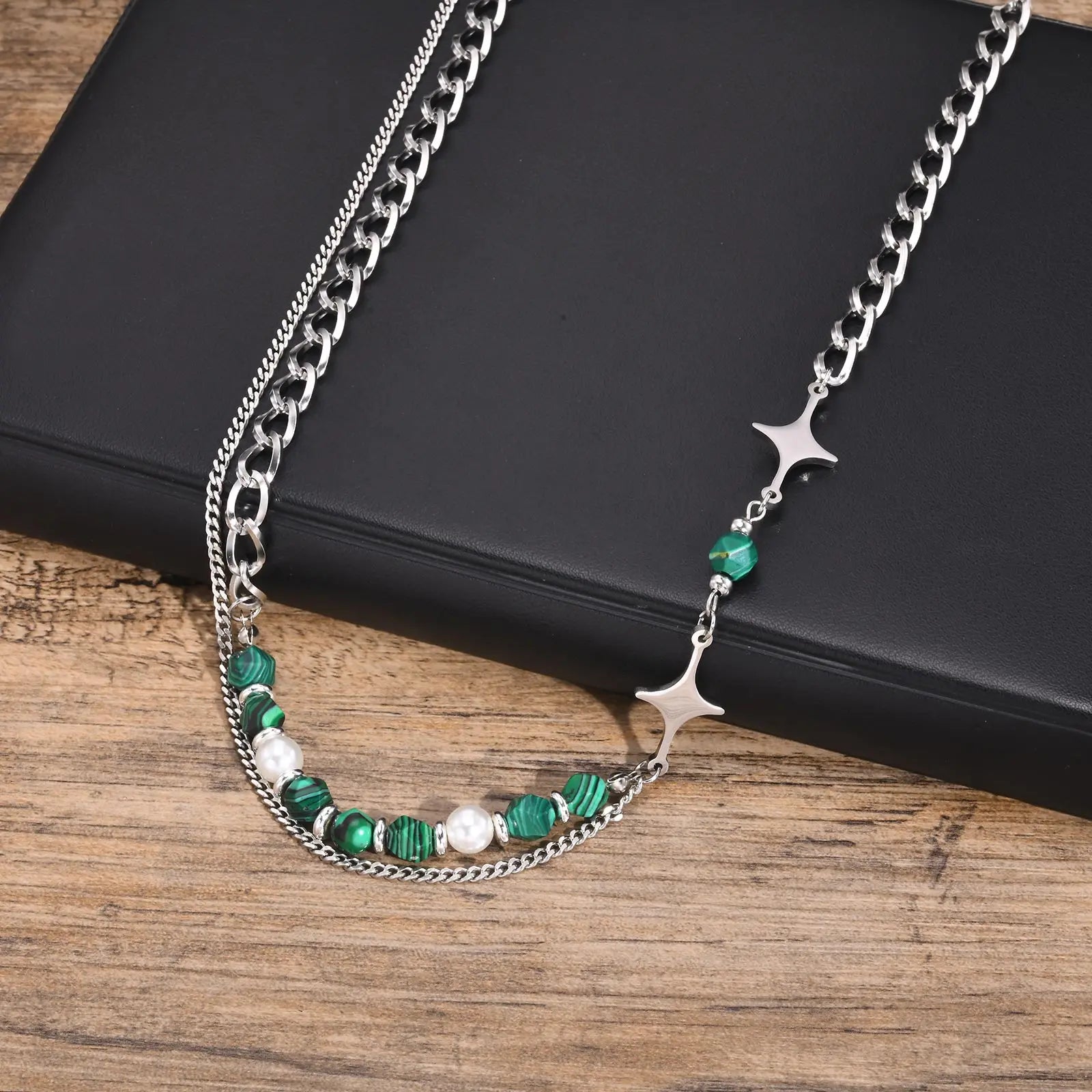 Y2K Layered Green Bead Chain Necklace