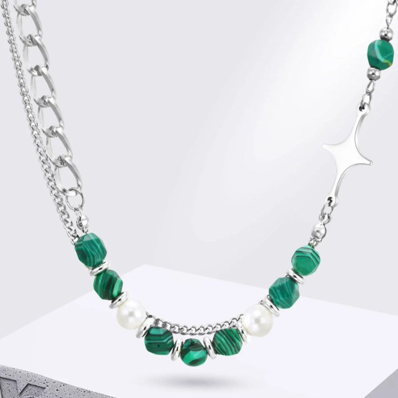 Y2K Layered Green Bead Chain Necklace