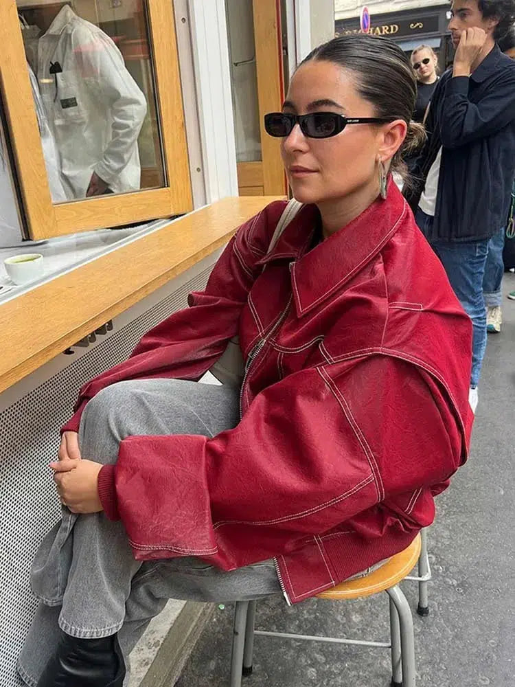 Y2K Leather Bomber Jacket Red