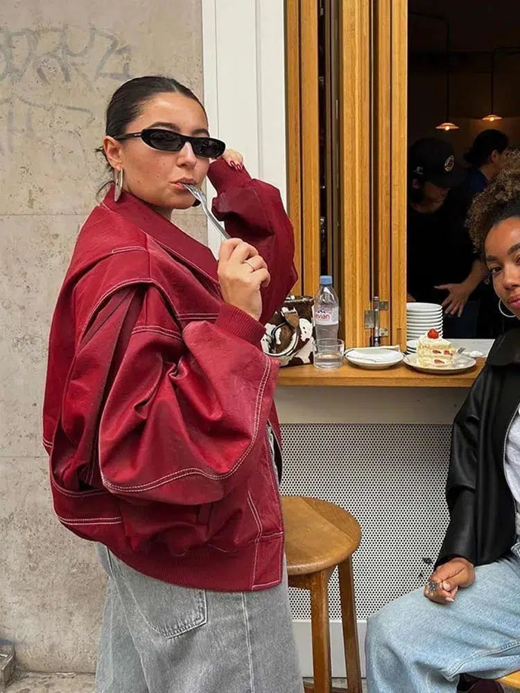 Y2K Leather Bomber Jacket Red