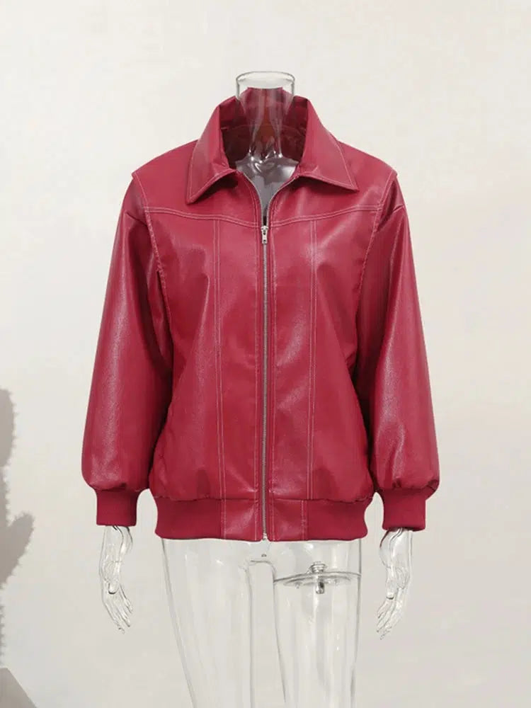 Y2K Leather Bomber Jacket Red