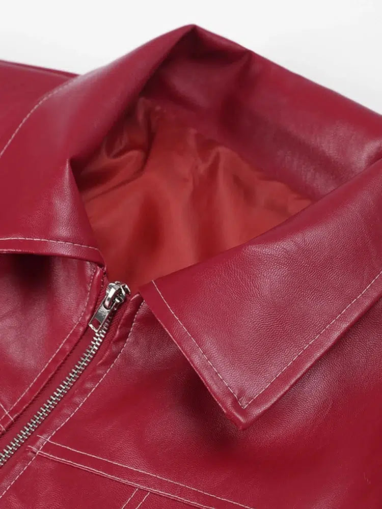 Y2K Leather Bomber Jacket Red