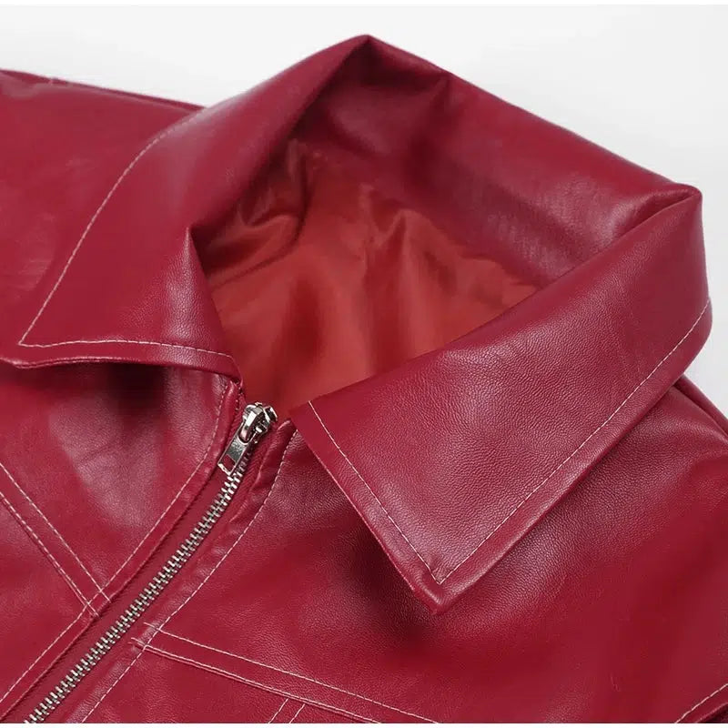 Y2K Leather Bomber Jacket Red