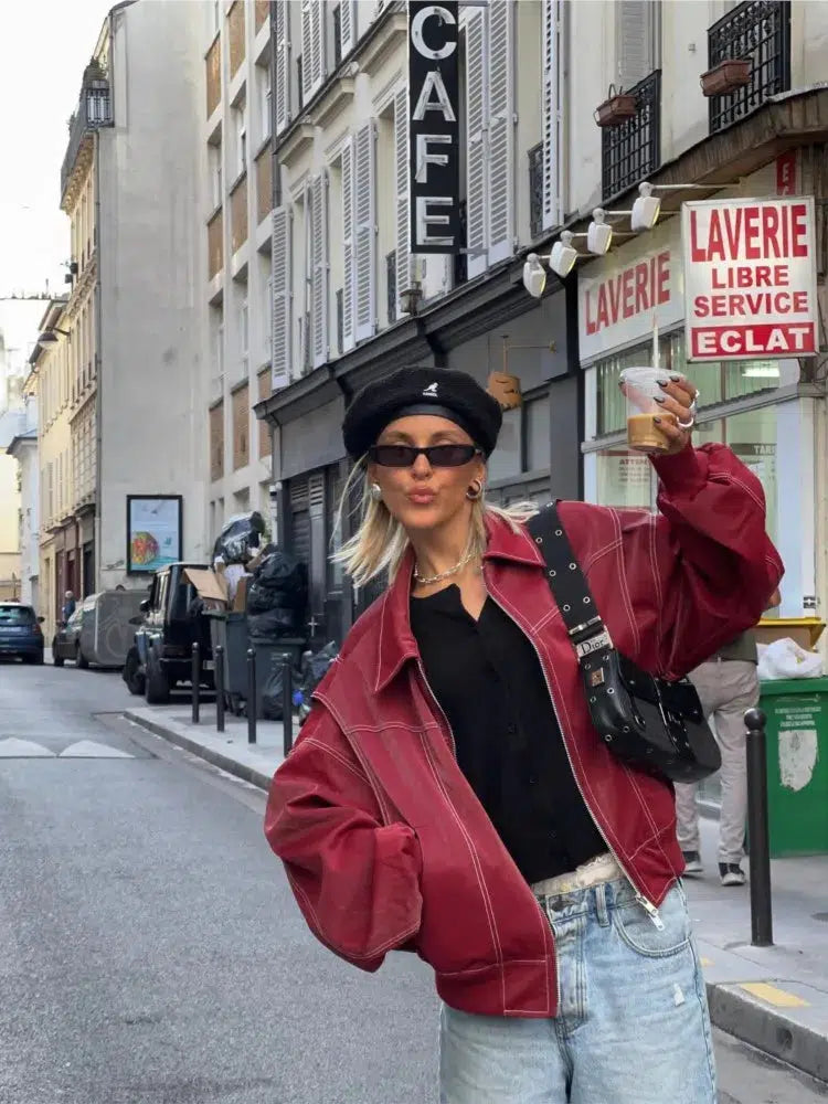 Y2K Leather Bomber Jacket Red