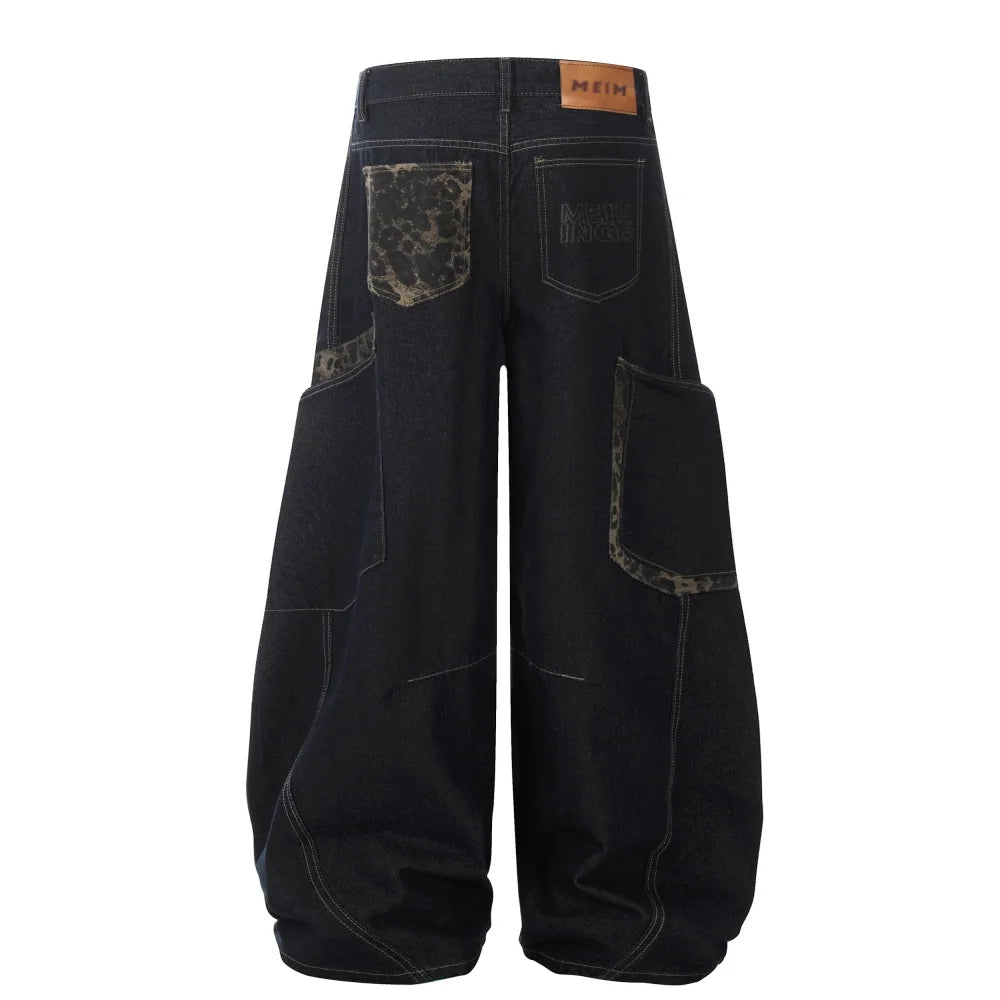 Y2K Leopard Patchwork Pocket Baggy Denim Curved Barrel Jeans