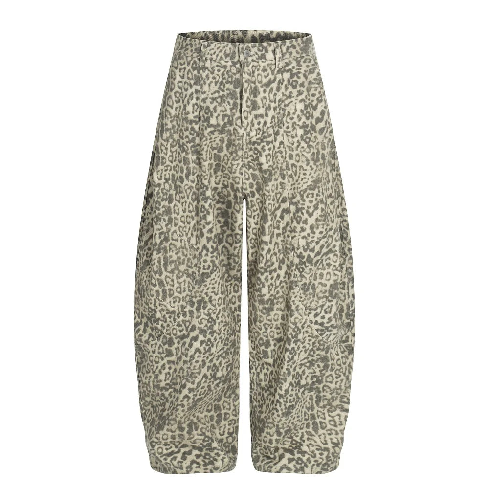 Y2K Leopard Print Baggy Denim Curved Barrel Jeans