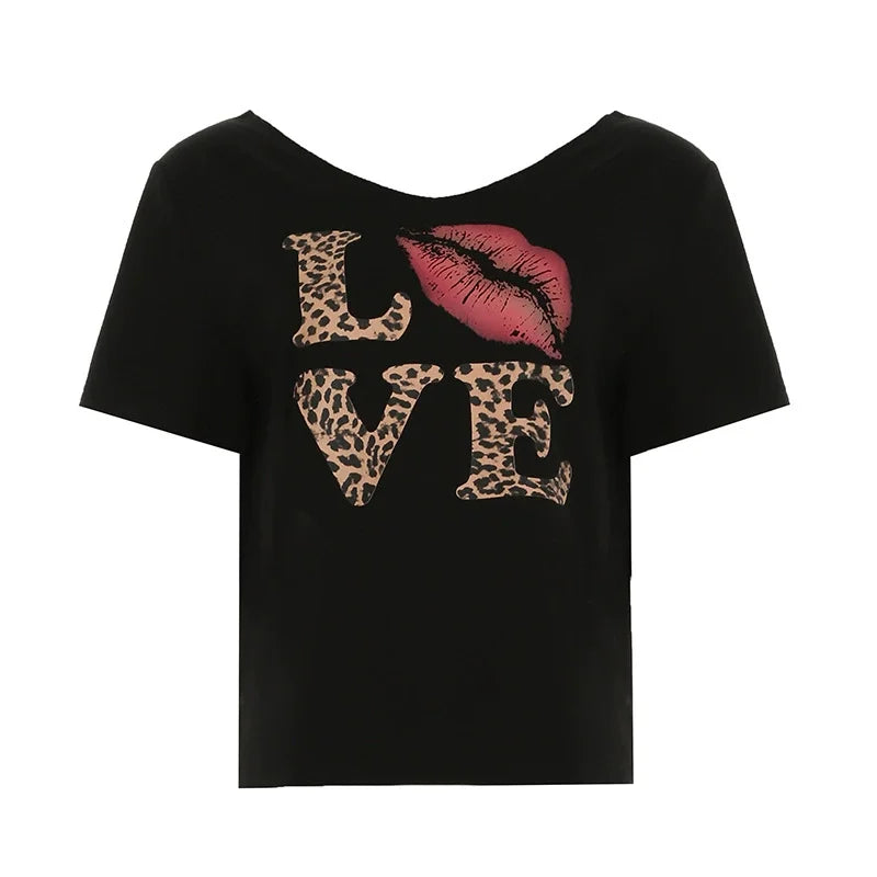 Y2K Leopard Print Love Graphic Off Shoulder Crop Top