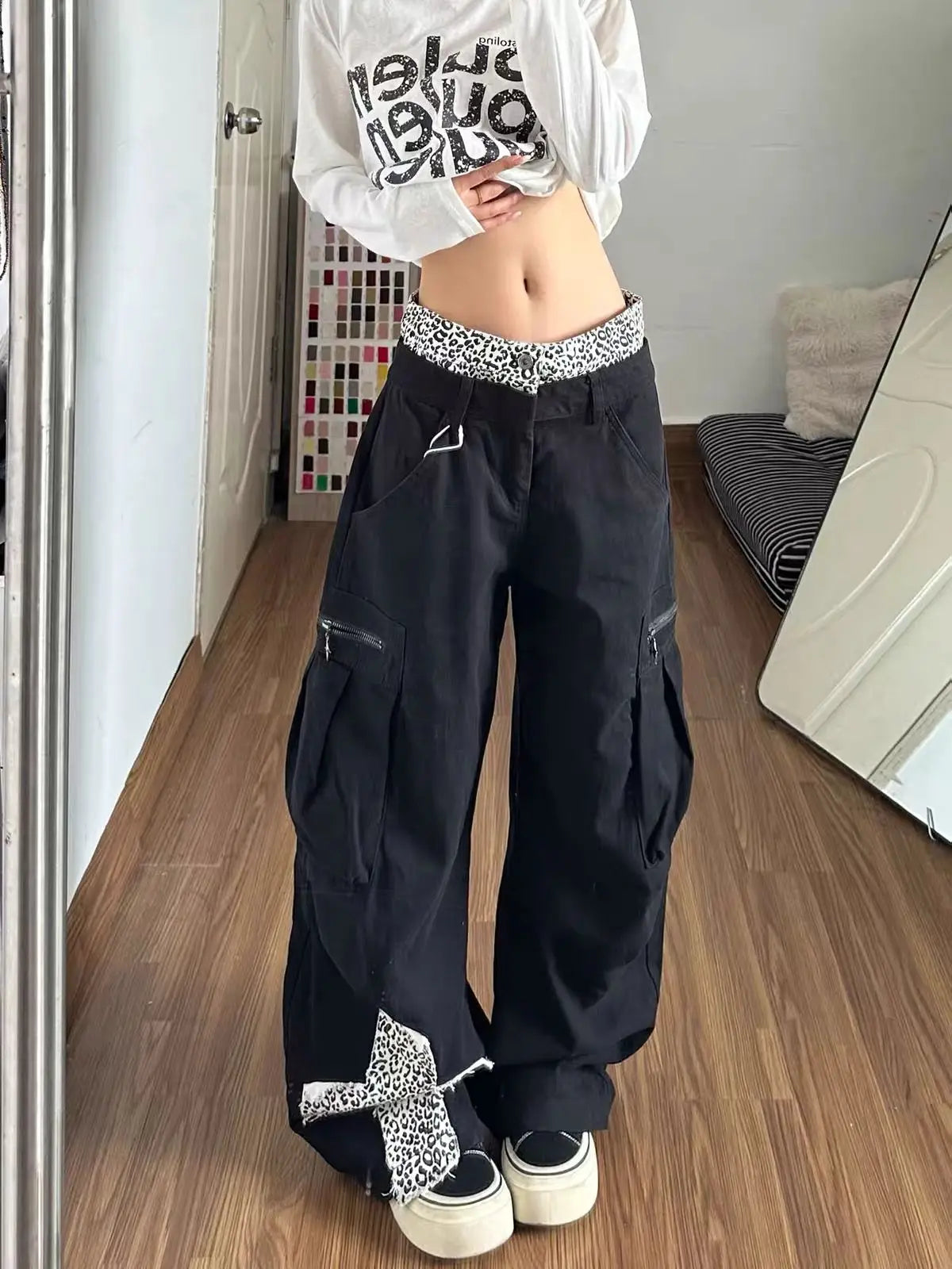 Y2K Leopard Print Patchwork Cross Double Waist Baggy Barrel Jeans