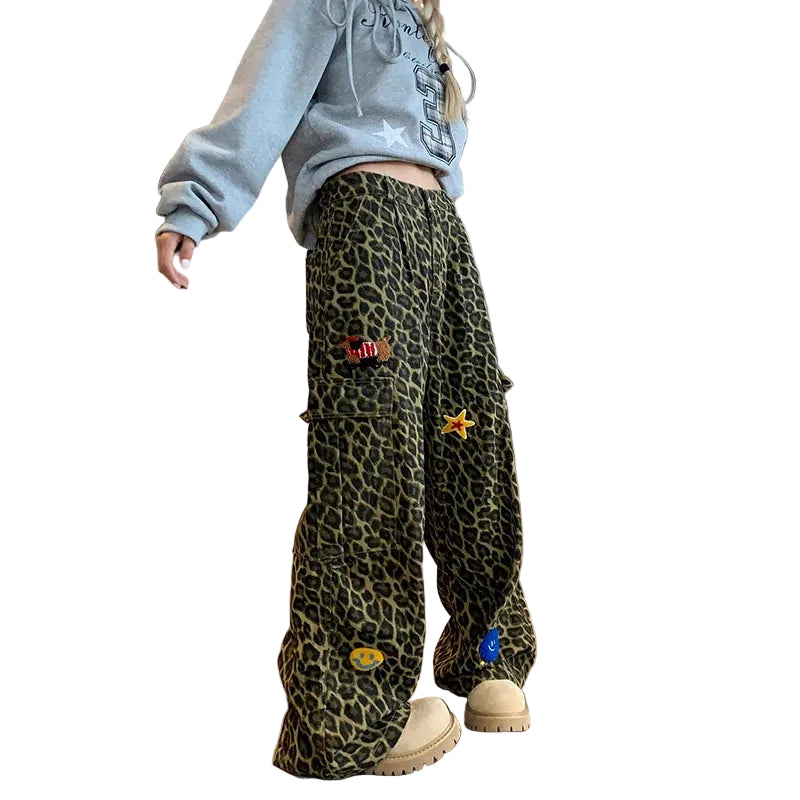 Y2K Leopard Print Patchwork Wide Leg Baggy Jeans