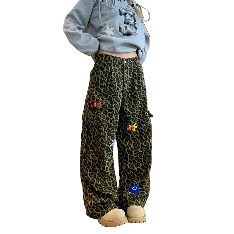Y2K Leopard Print Patchwork Wide Leg Baggy Jeans