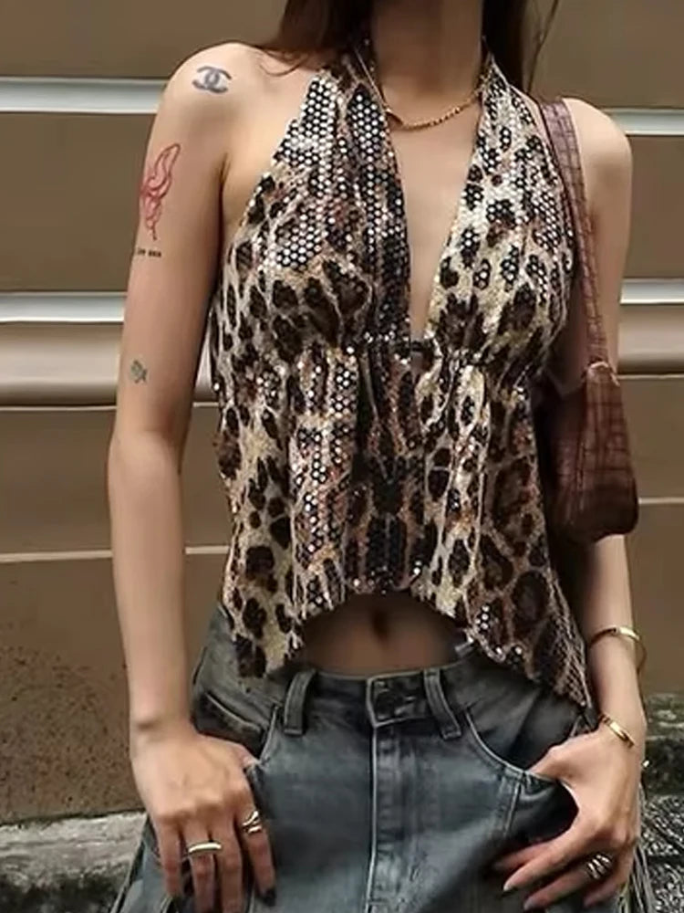 Y2K Leopard Sequin Rhinestone Low Cut Halter Top