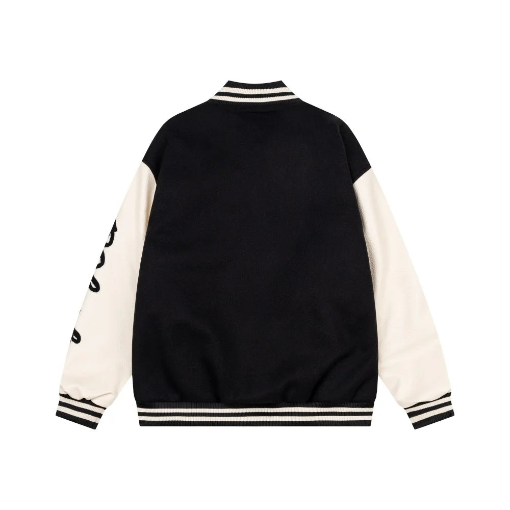 Y2K Letter Embroidered Baseball Faux PU Leather Varsity Jacket